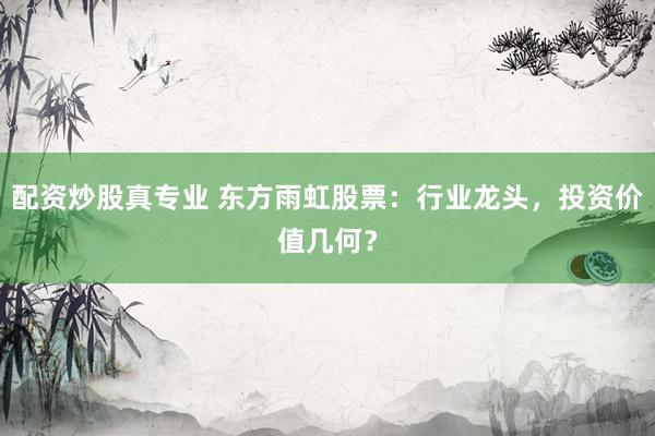 配资炒股真专业 东方雨虹股票：行业龙头，投资价值几何？